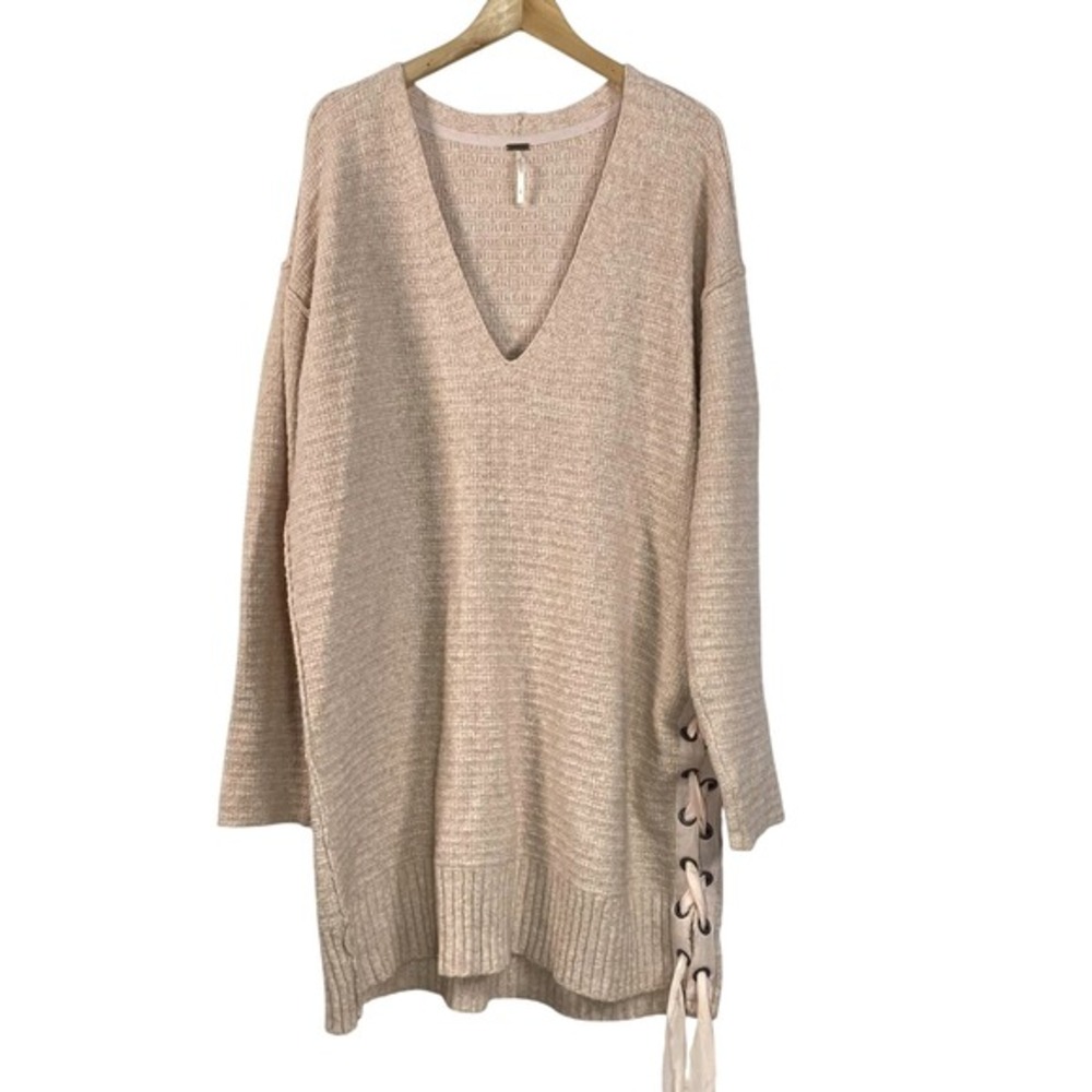 Free People Sweater Womens Large Lace Up‎ Sleeve V Neck Oversized Pullover Knit